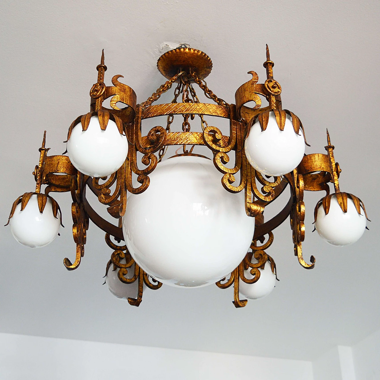 Spanish wrought iron and white opaline glass chandelier, 1950s 1