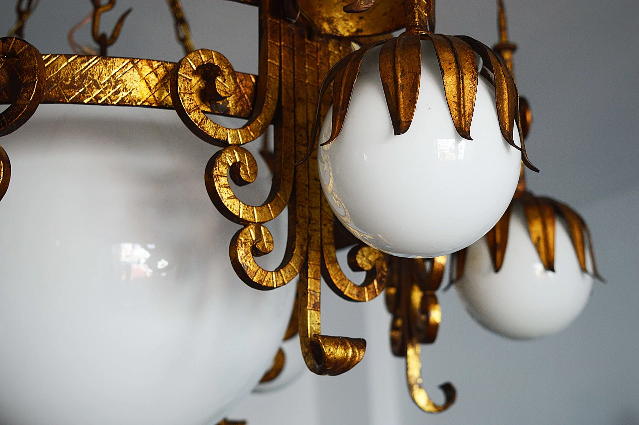 Spanish wrought iron and white opaline glass chandelier, 1950s 2