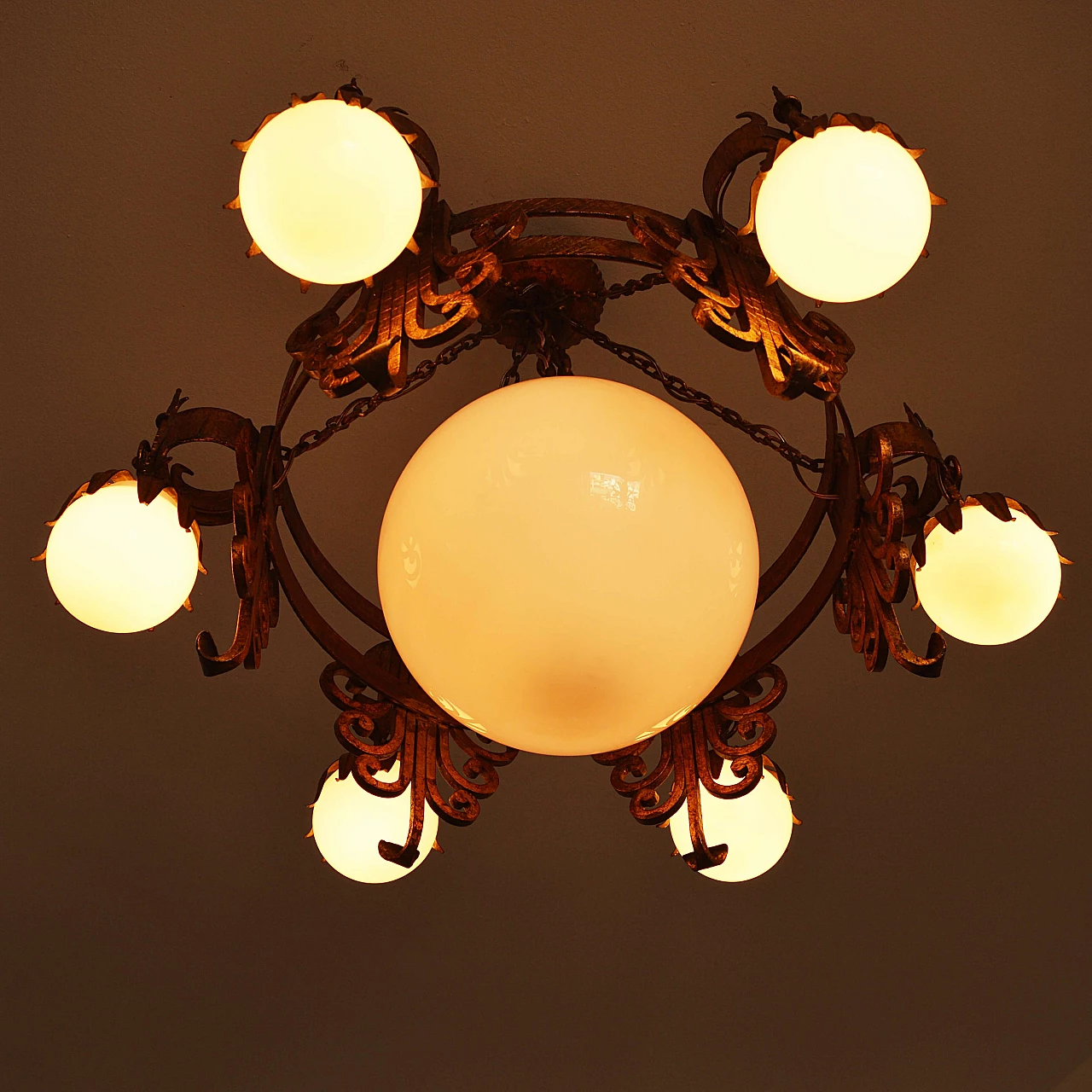 Spanish wrought iron and white opaline glass chandelier, 1950s 3