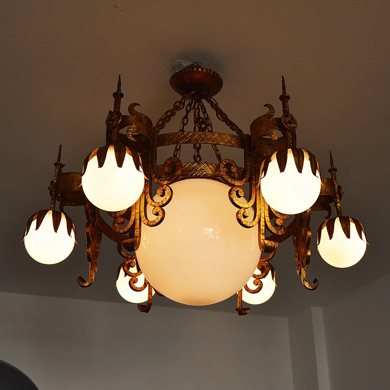 Spanish wrought iron and white opaline glass chandelier, 1950s 4