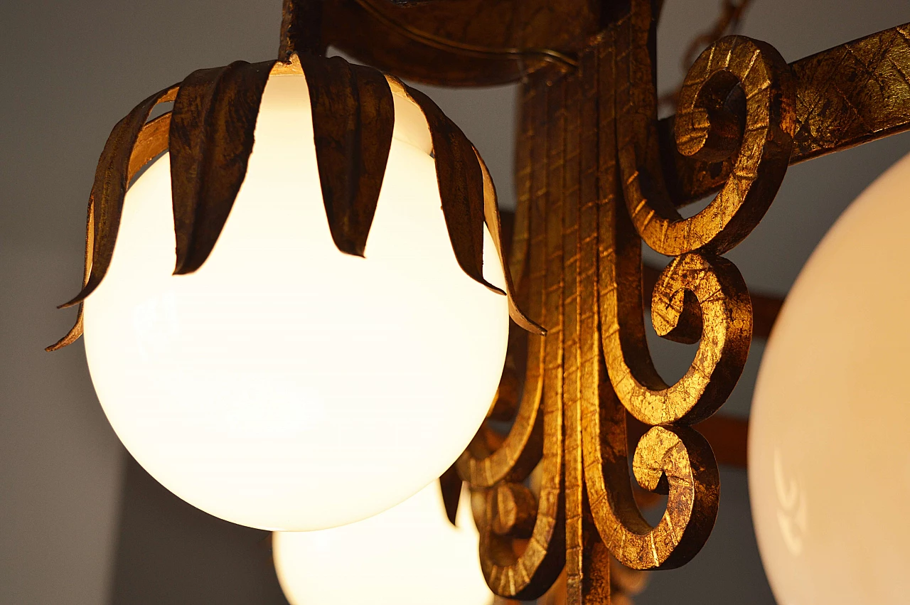 Spanish wrought iron and white opaline glass chandelier, 1950s 5
