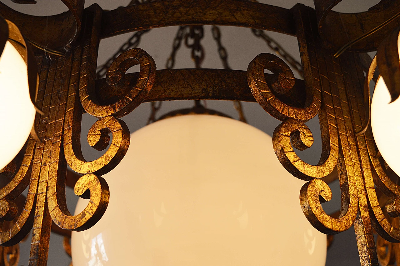 Spanish wrought iron and white opaline glass chandelier, 1950s 6