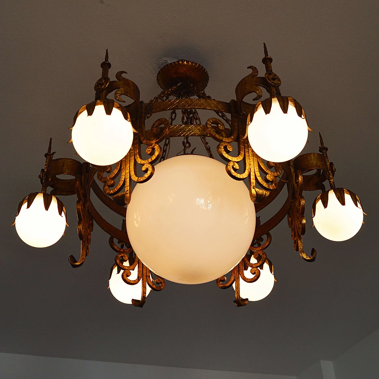 Spanish wrought iron and white opaline glass chandelier, 1950s 7