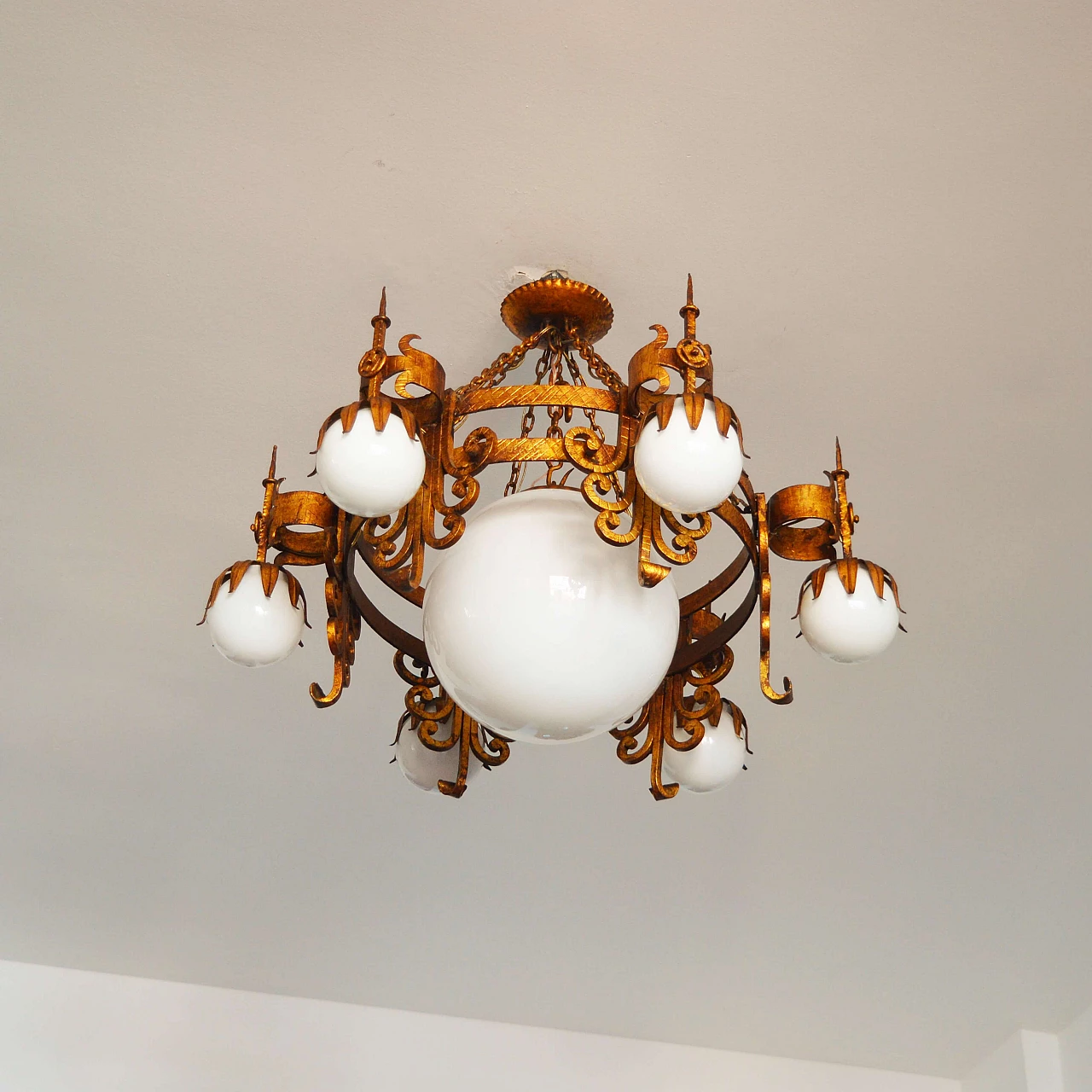 Spanish wrought iron and white opaline glass chandelier, 1950s 8