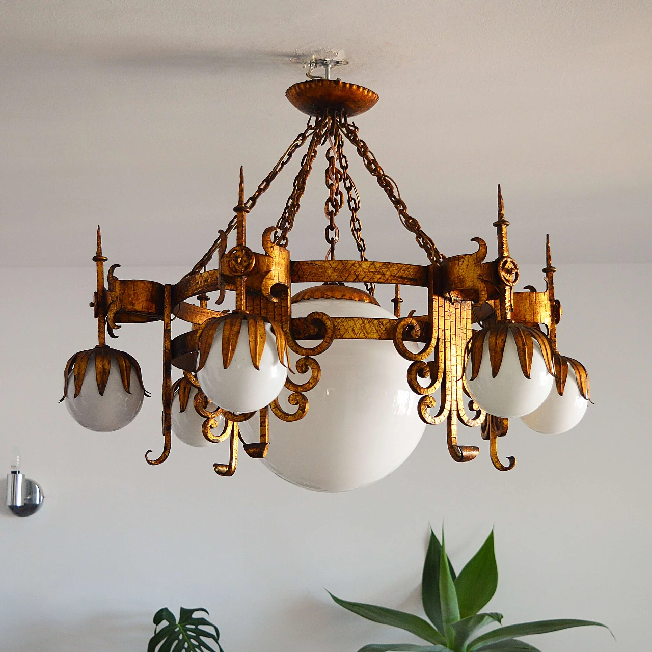 Spanish wrought iron and white opaline glass chandelier, 1950s 9