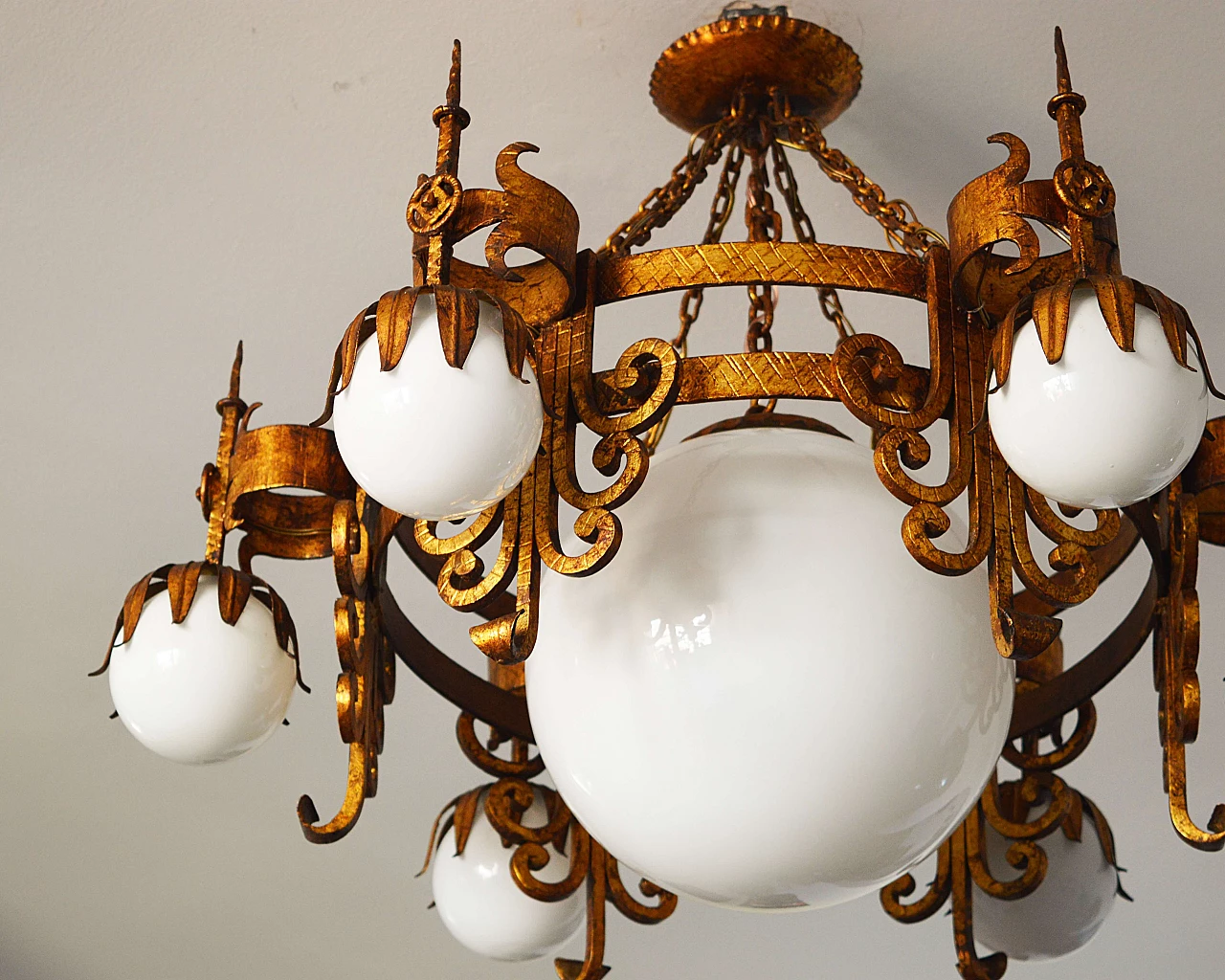 Spanish wrought iron and white opaline glass chandelier, 1950s 11