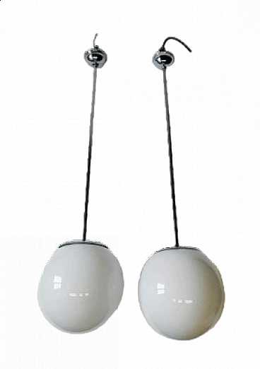 Pair of Bauhaus pendant lamps in chrome-plated metal and opaline glass, 1930s