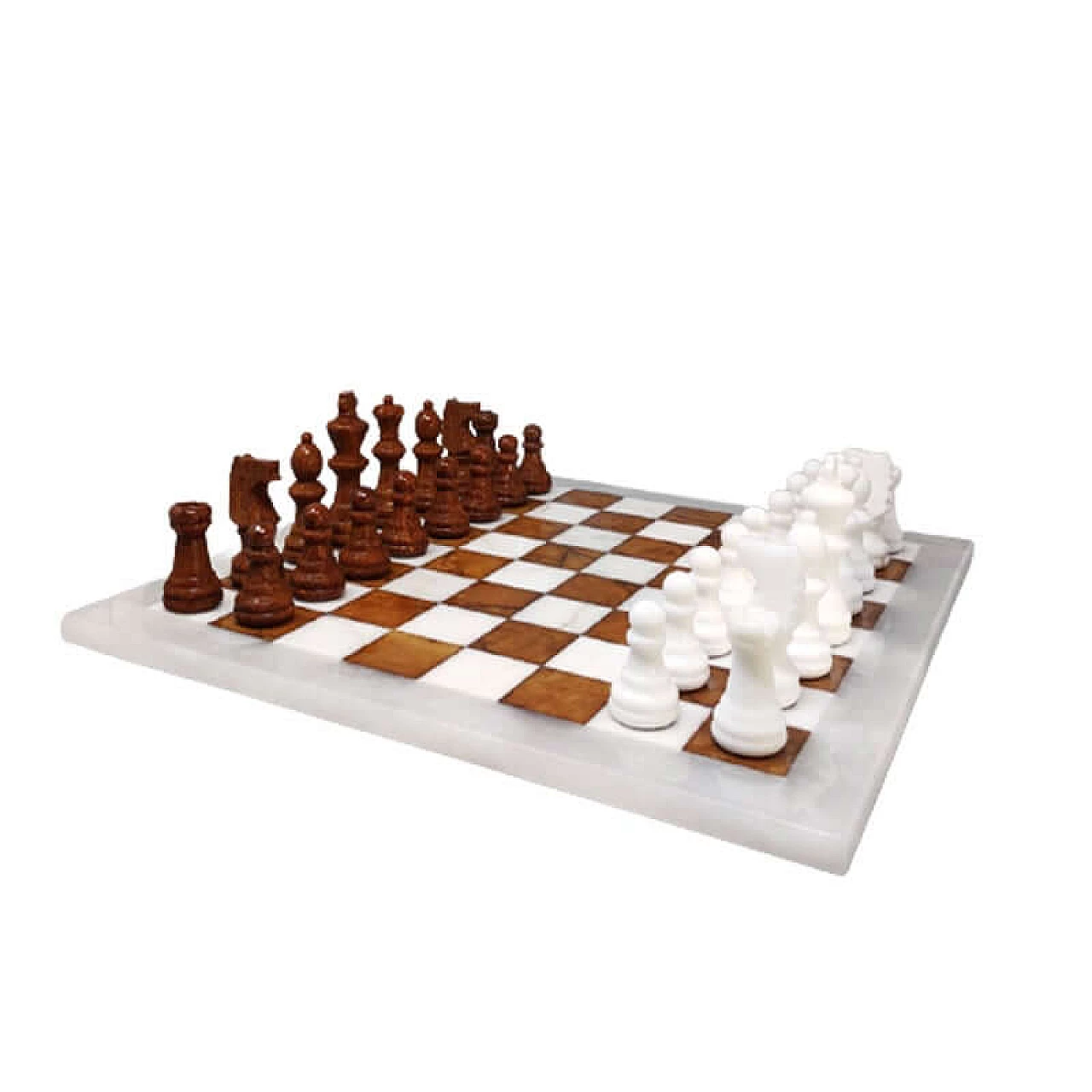 Brown and white Volterra alabaster chessboard and chessmen, 1970s 1
