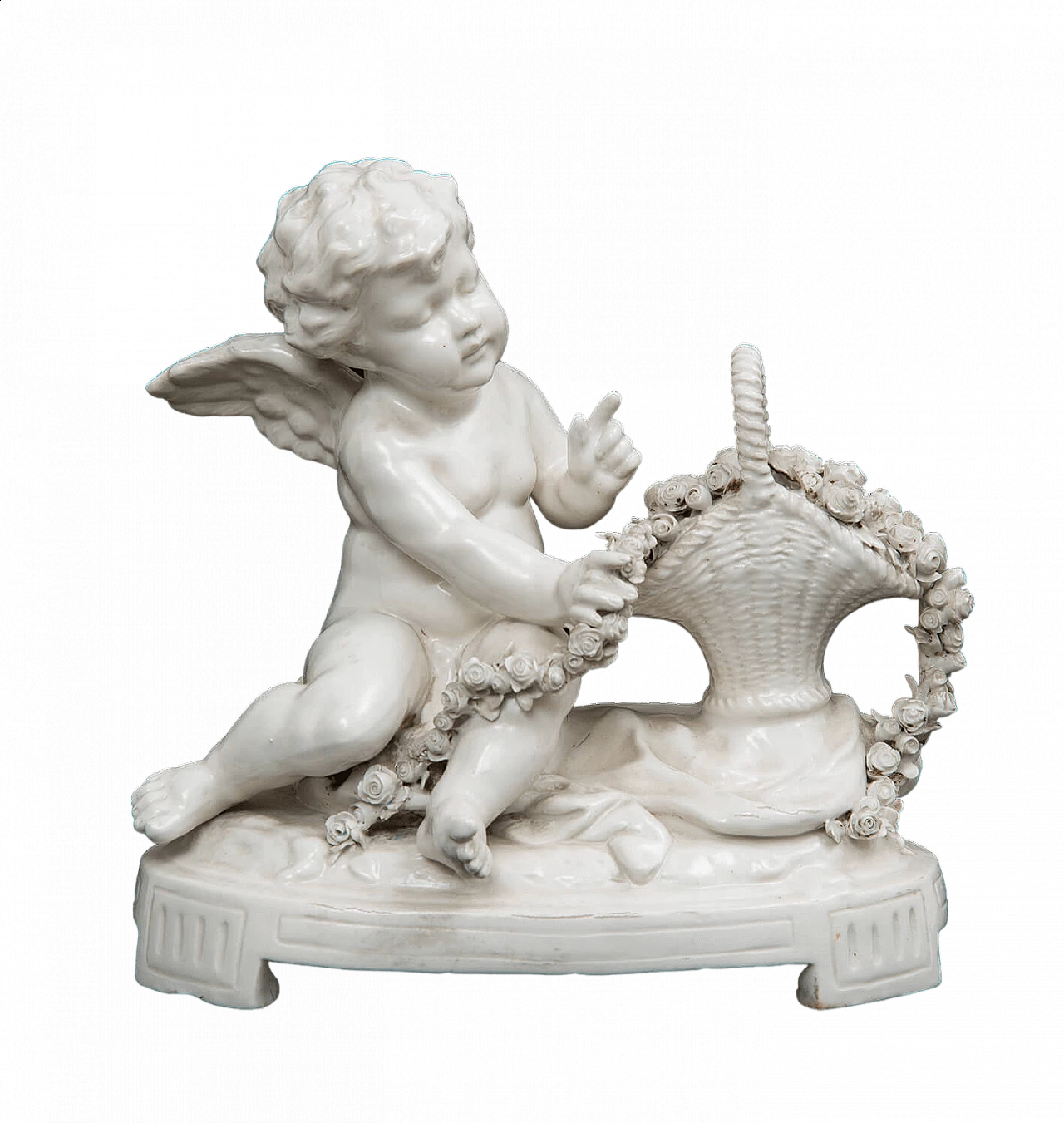 Putto with basket of flowers, Capodimonte porcelain sculpture, early 20th century 7