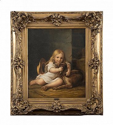 A. Lemoine, bambina con cane, dipinto a olio su tela, inizio '800