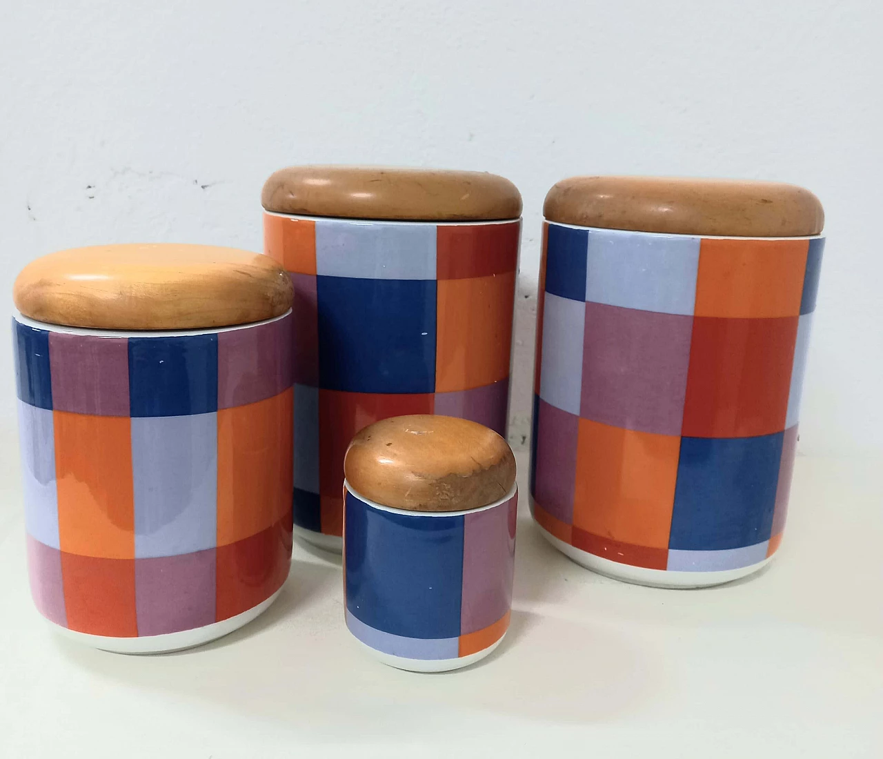 4 Barattoli in ceramica e legno di Ceramica Franco Pozzi, anni '70 1