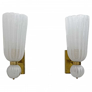 Pair of wall lamps in brass and pulegoso Murano glass, 1980s
