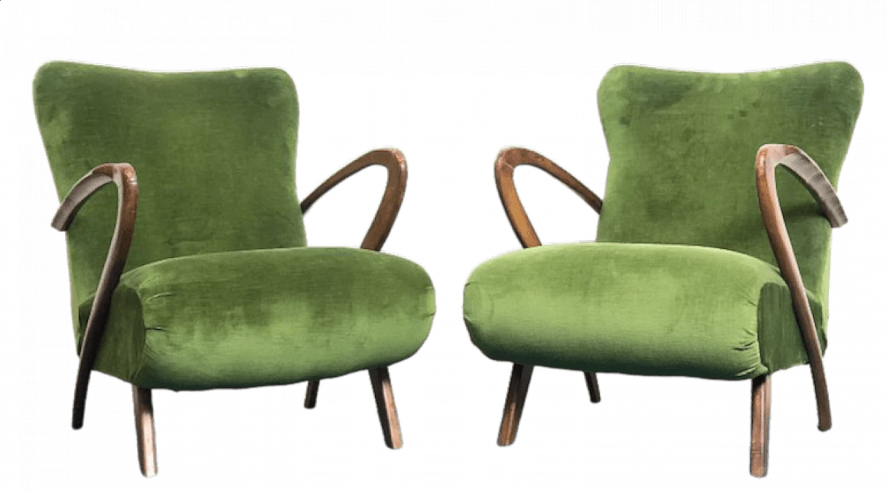 Pair of beechwood and green velvet armchairs by Paolo Buffa, 1940s 11