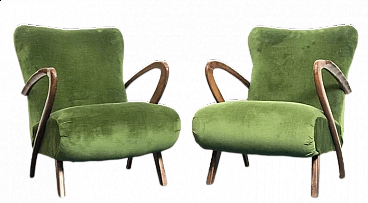 Pair of beechwood and green velvet armchairs by Paolo Buffa, 1940s