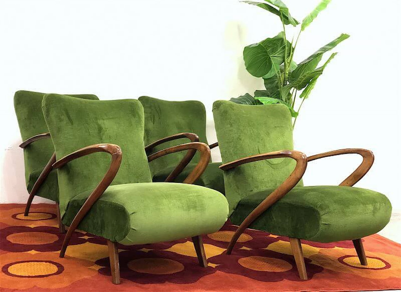 4 Beech and green velvet armchairs by Paolo Buffa, 1940s 1