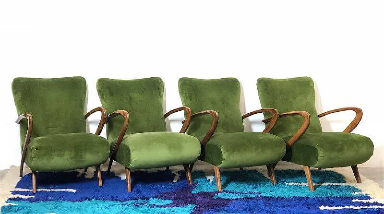 4 Beech and green velvet armchairs by Paolo Buffa, 1940s 2
