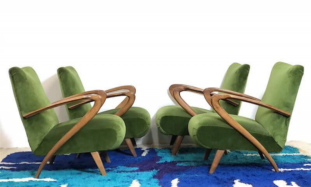 4 Beech and green velvet armchairs by Paolo Buffa, 1940s 3