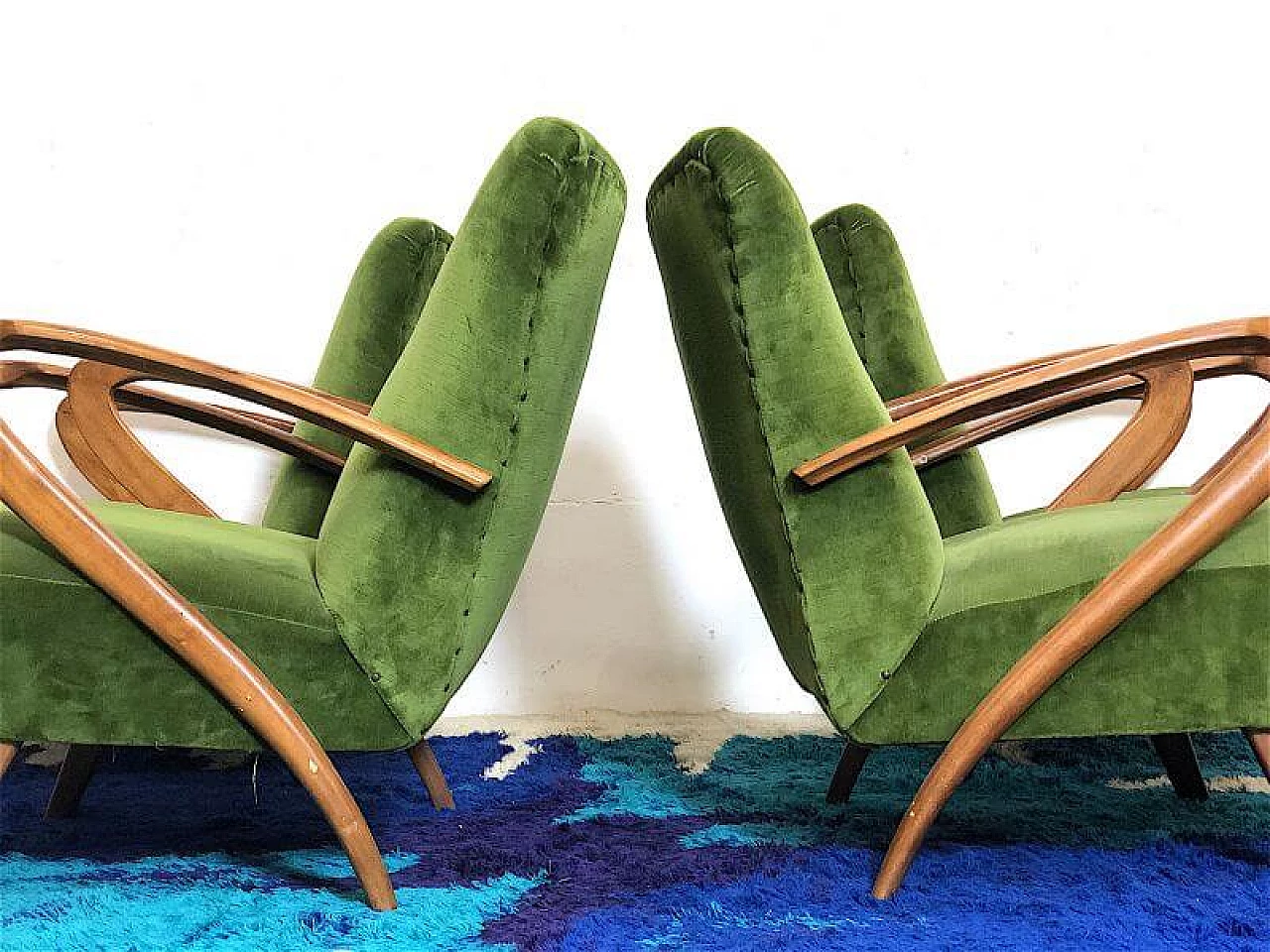 4 Beech and green velvet armchairs by Paolo Buffa, 1940s 7