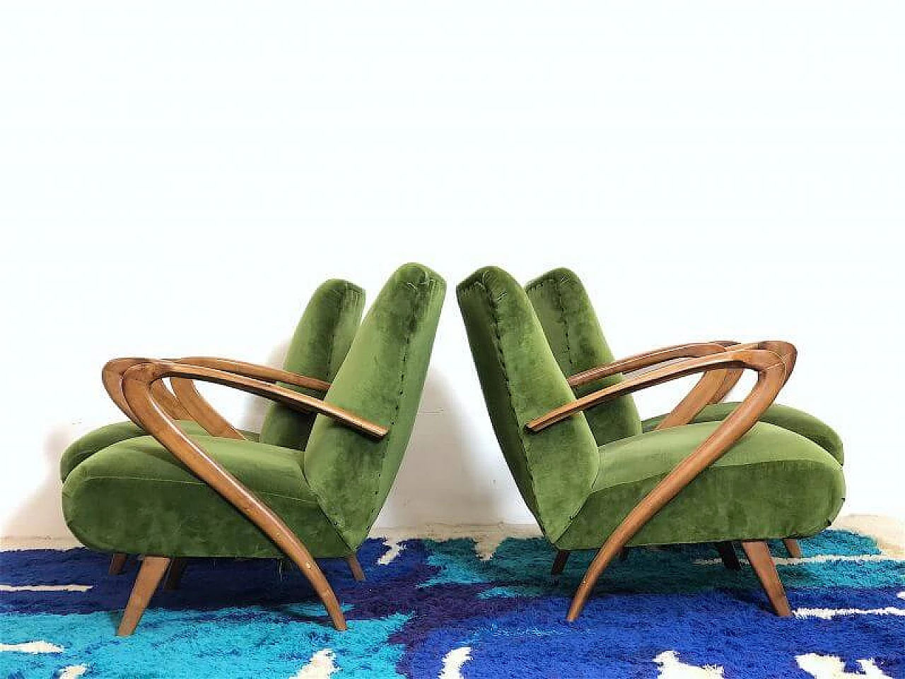 4 Beech and green velvet armchairs by Paolo Buffa, 1940s 8