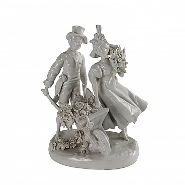 Sculpture of engaged couple with wheelbarrow, Capodimonte white porcelain, 1930s