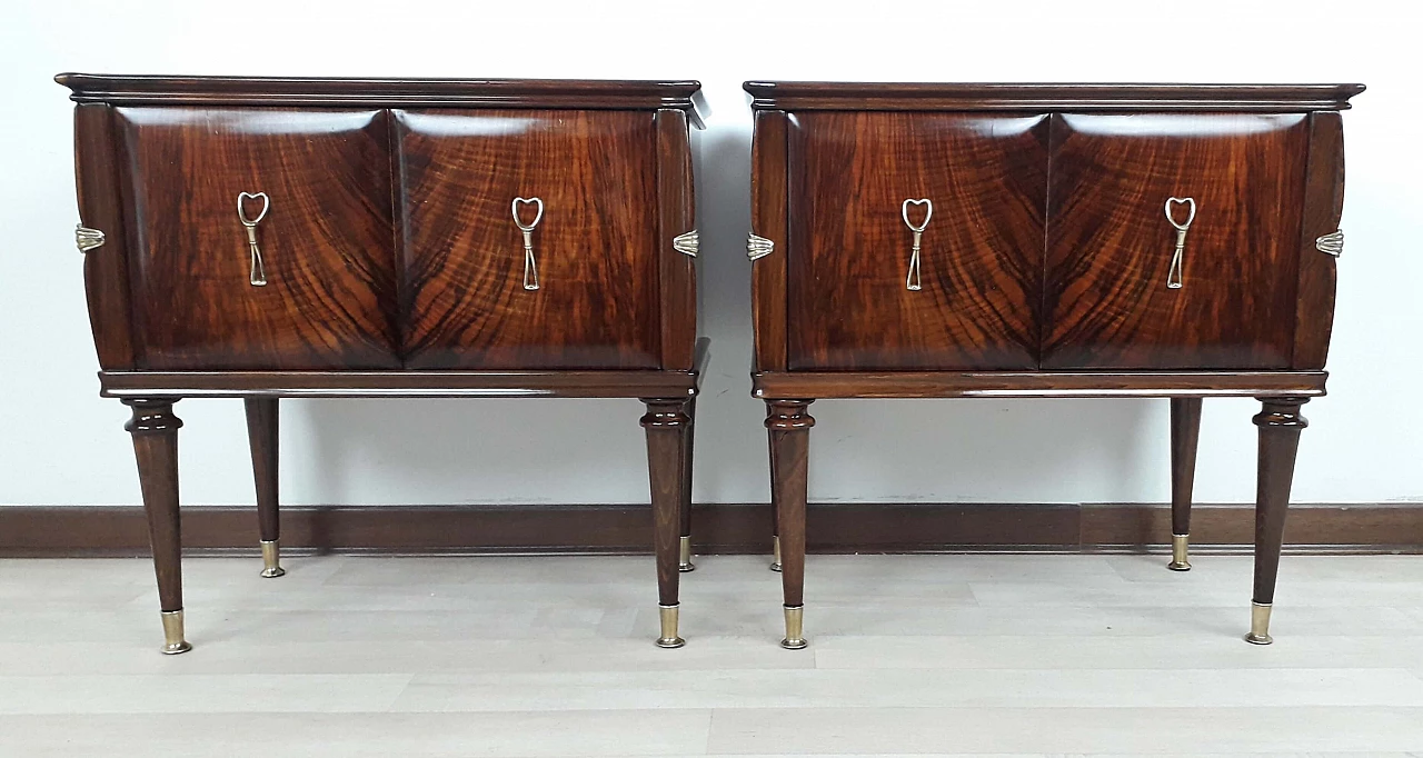 Pair of briar-root, Cuban mahogany and green glass bedside tables, 1950s 1