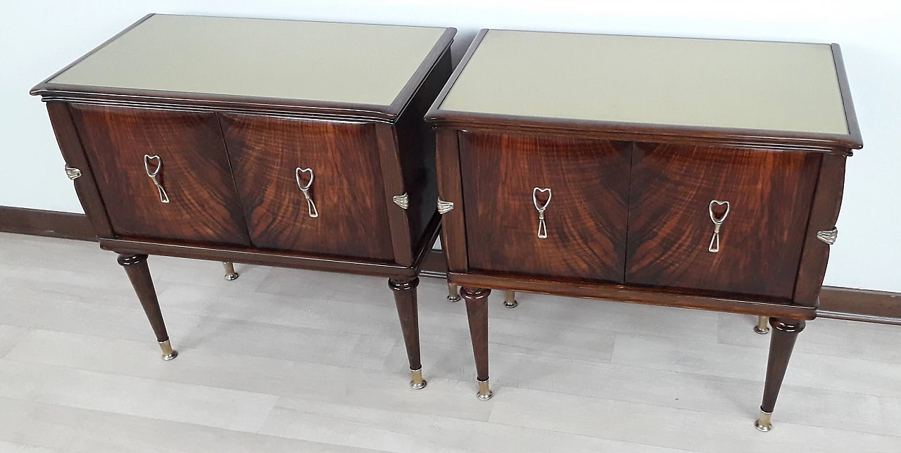 Pair of briar-root, Cuban mahogany and green glass bedside tables, 1950s 9