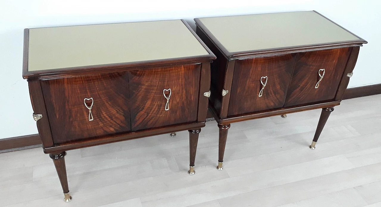 Pair of briar-root, Cuban mahogany and green glass bedside tables, 1950s 10