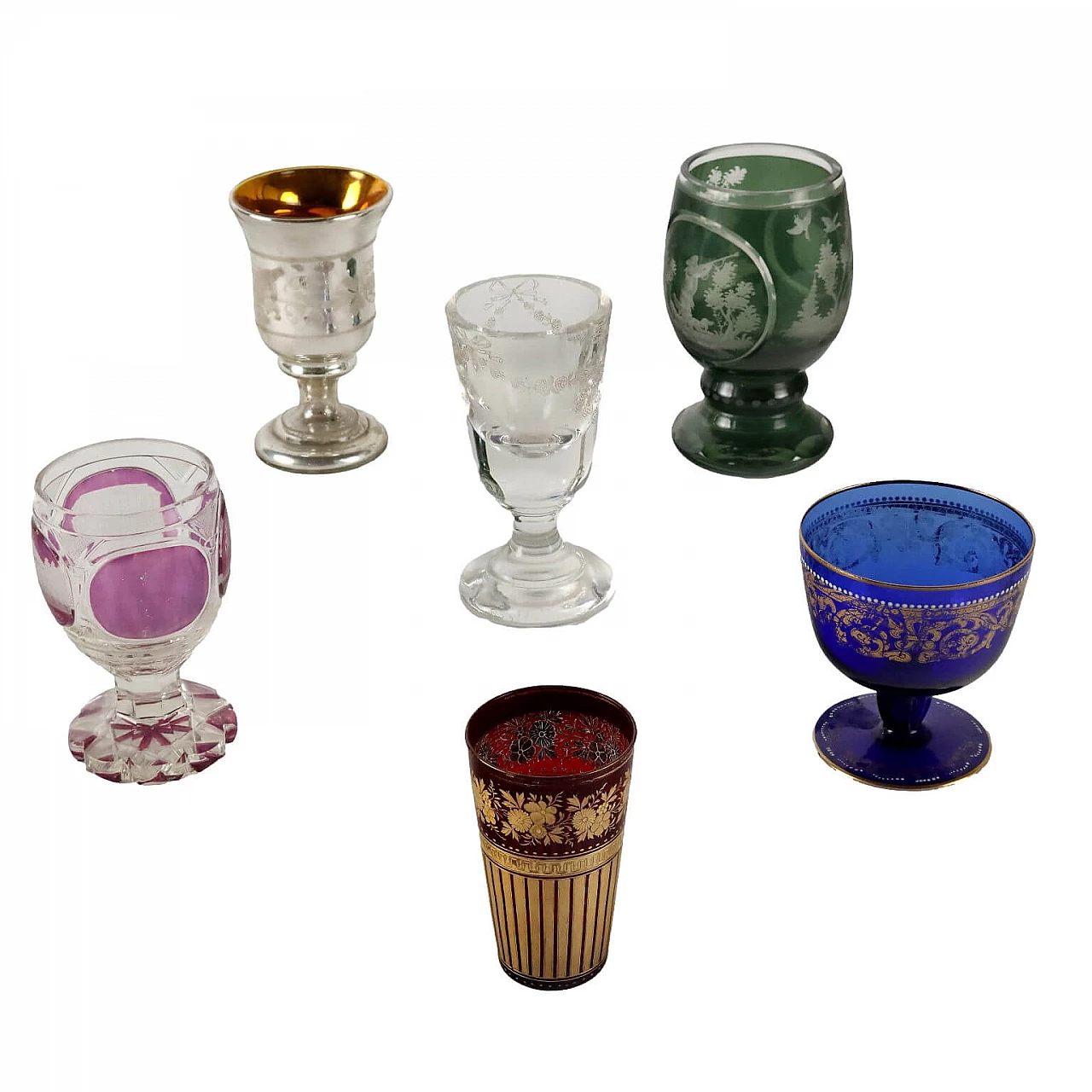 6 Glasses in beveled glass of different shapes and colors 1