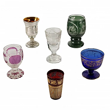 6 Glasses in beveled glass of different shapes and colors
