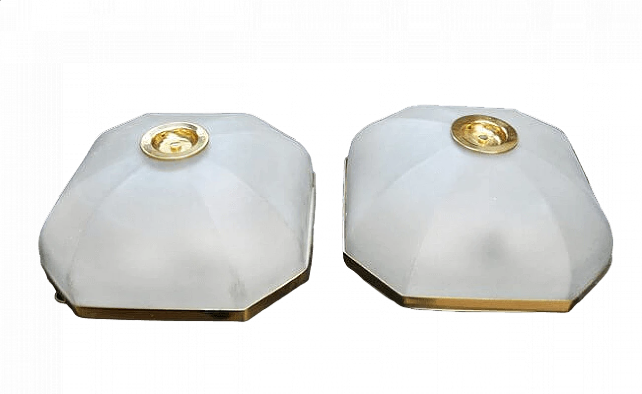 Pair of ceiling lamps in glass, brass and laquered metal, 1970s 8