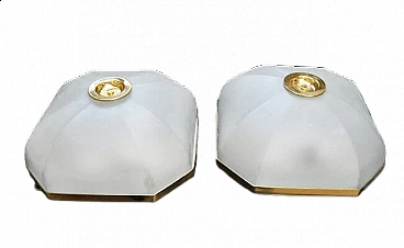 Pair of ceiling lamps in glass, brass and laquered metal, 1970s