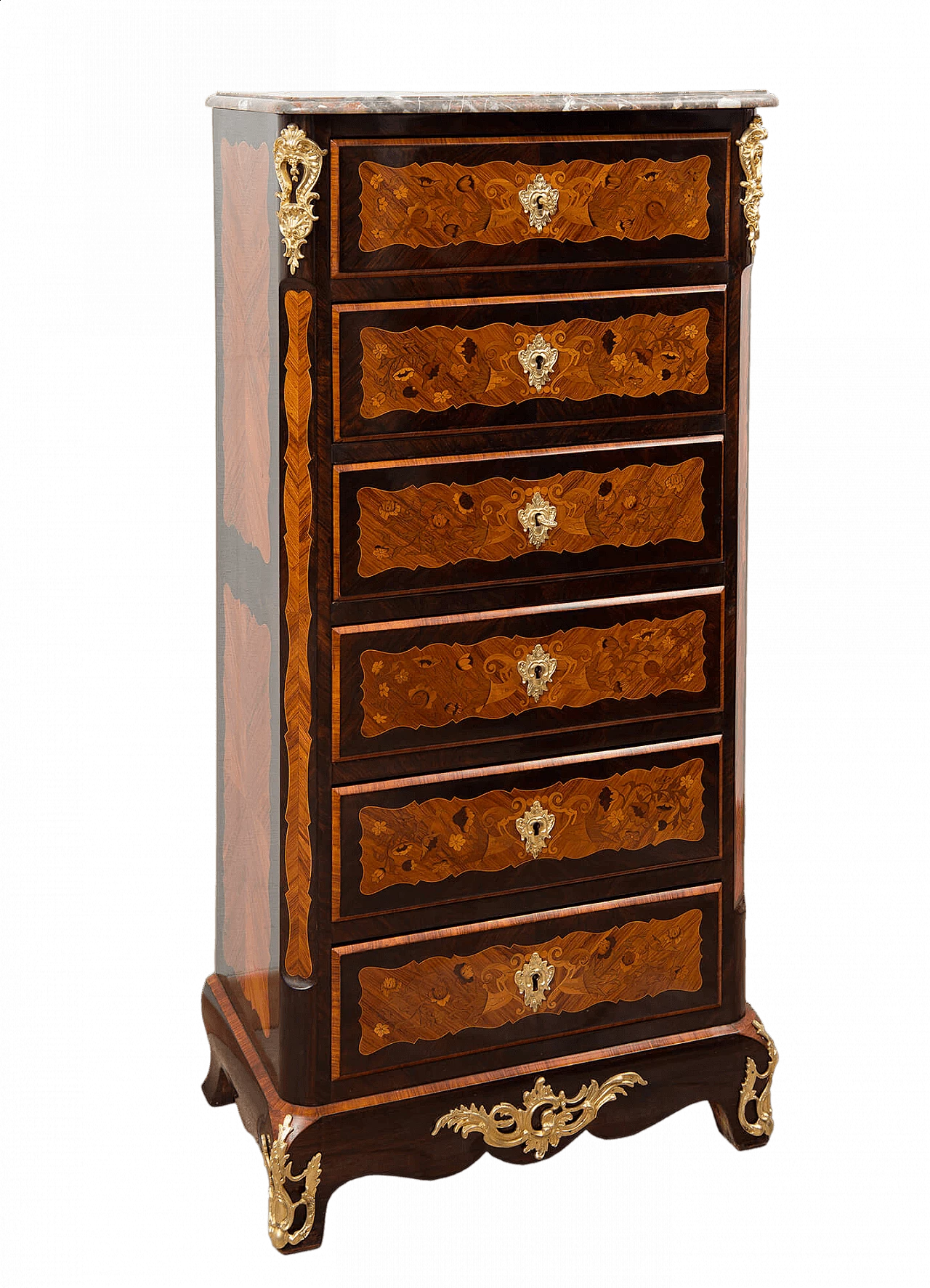 Napoleon III seven-drawers dresser in exotic woods with marble top, 19th century 8