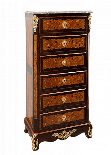 Napoleon III seven-drawers dresser in exotic woods with marble top, 19th century