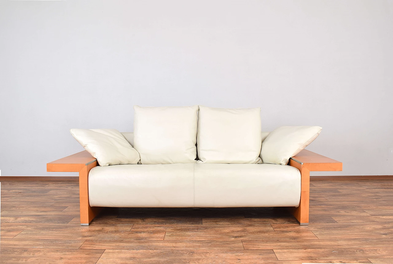 Cherry wood and beige leather sofa by Giorgetti, 1980s 1