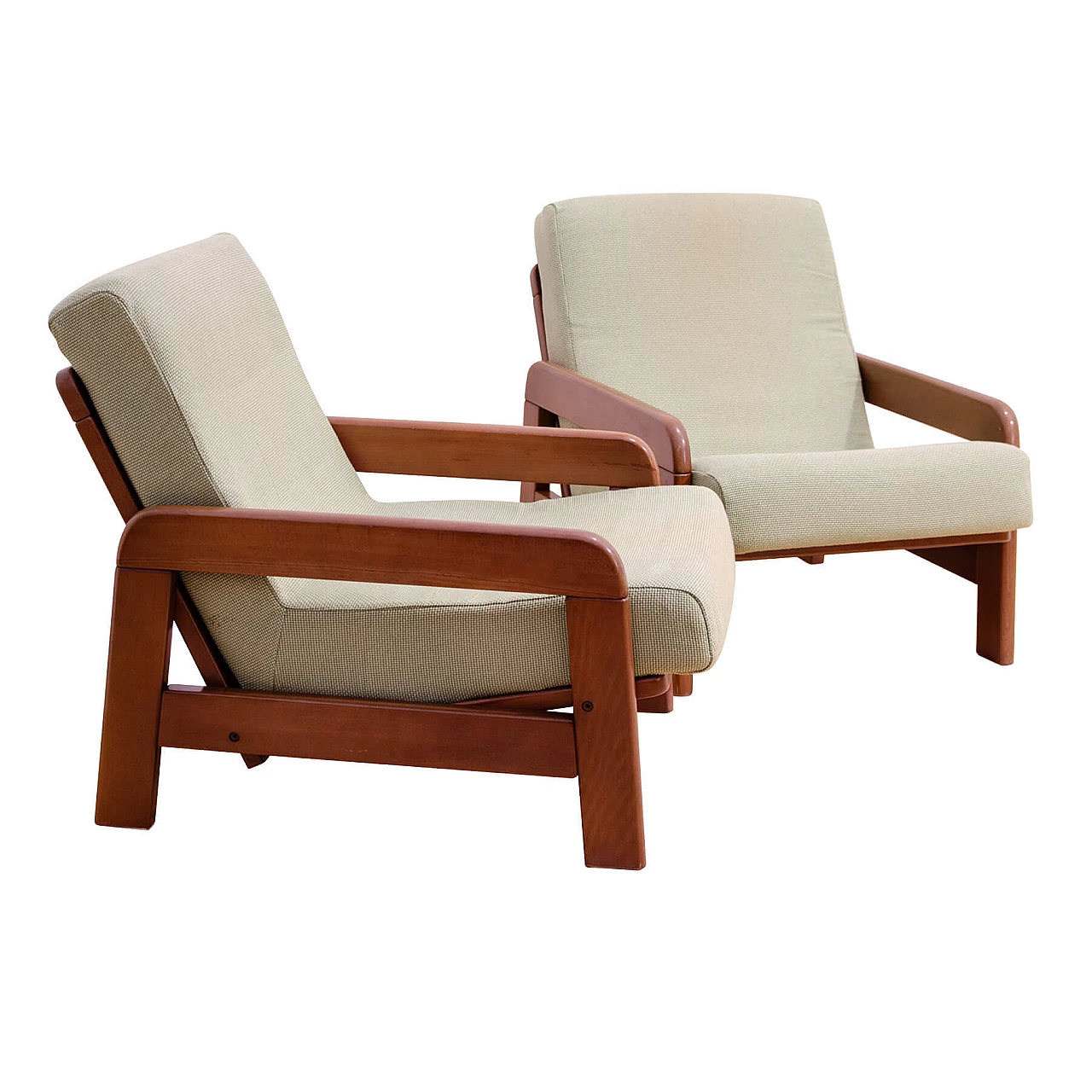 Pair of lacquered beech and fabric armchairs, 1980s 1