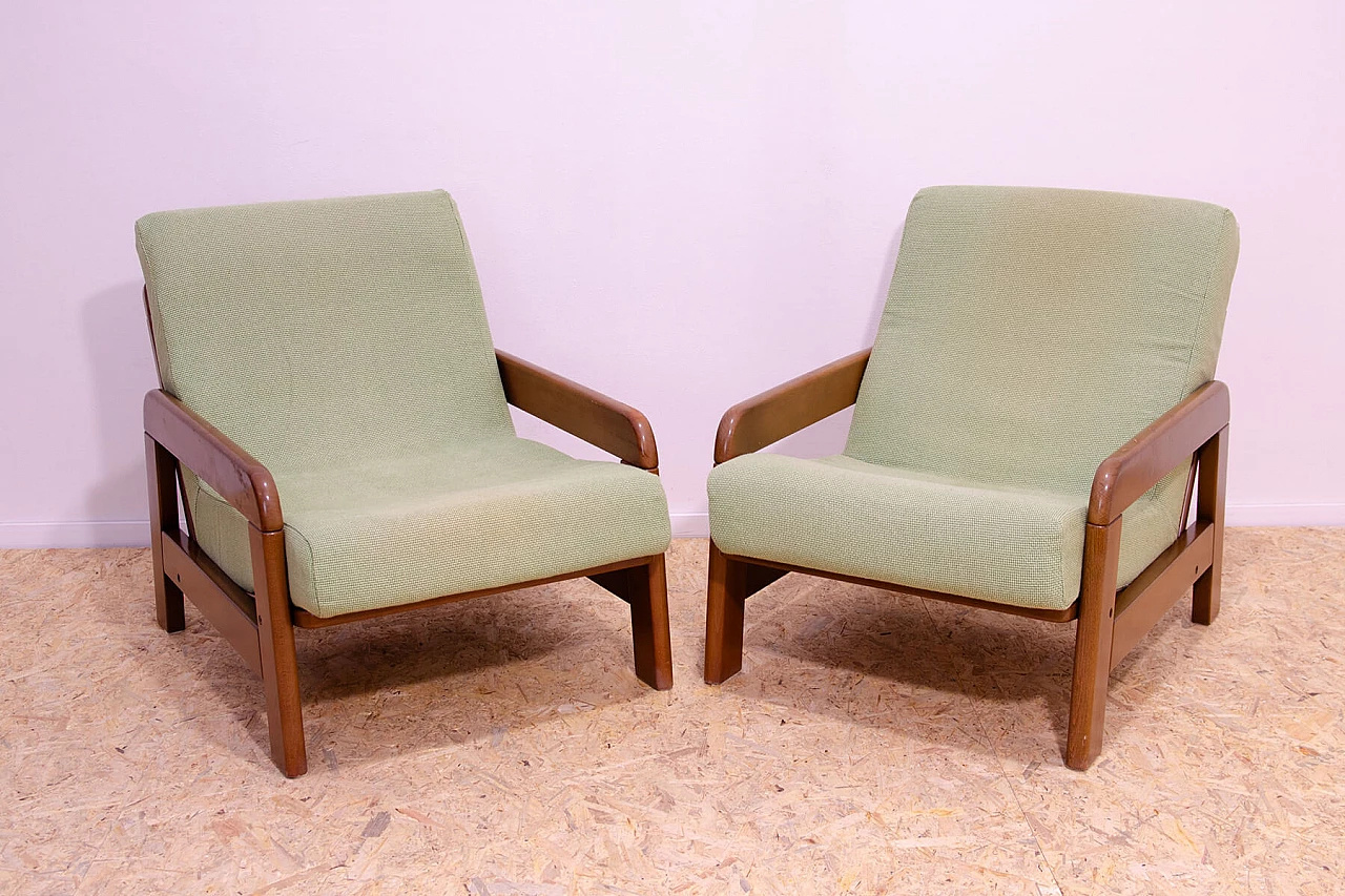 Pair of lacquered beech and fabric armchairs, 1980s 2