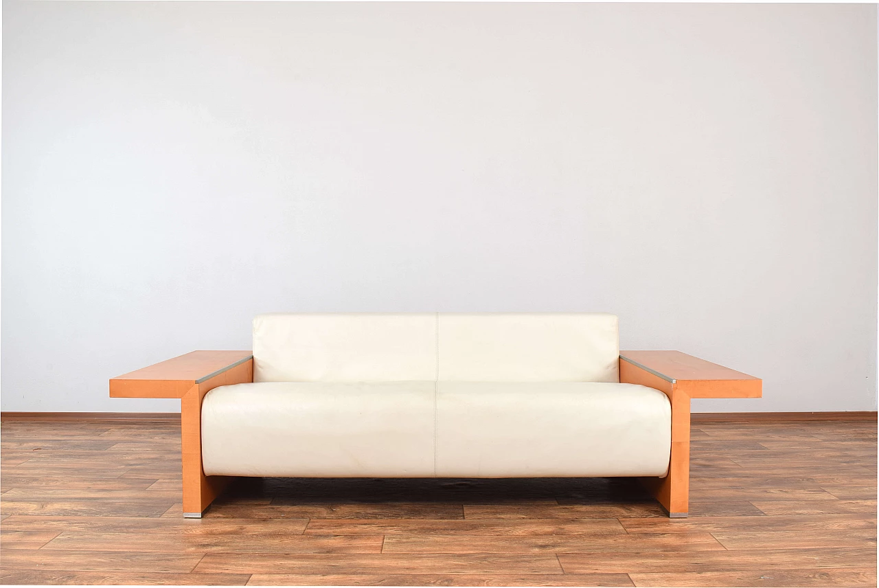 Cherry wood and beige leather sofa by Giorgetti, 1980s 12