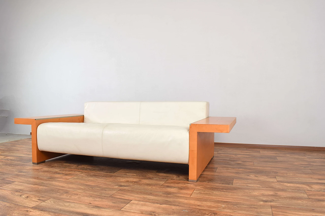 Cherry wood and beige leather sofa by Giorgetti, 1980s 14