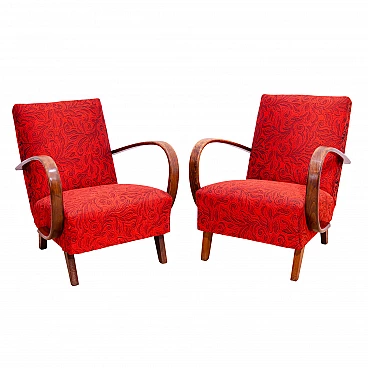 Pair of bent beech and fabric armchairs by Jindřich Halabala, 1950s