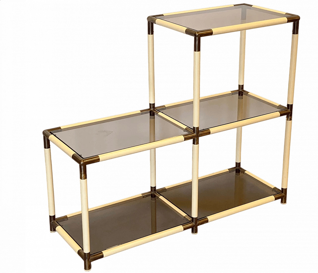 Ivory shelf unit in pvc with brass details and smoked glass shelves by Banci, 1970s 10