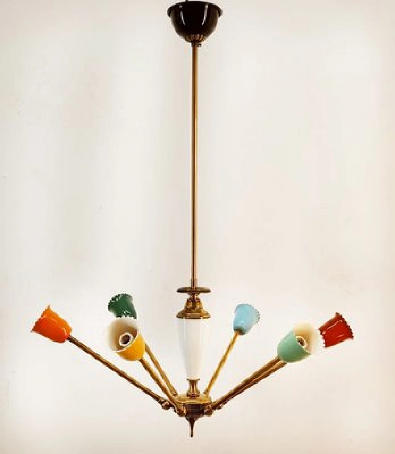 Multicolor aluminum and brass adjustable Sputnik chandelier, 1950s 1