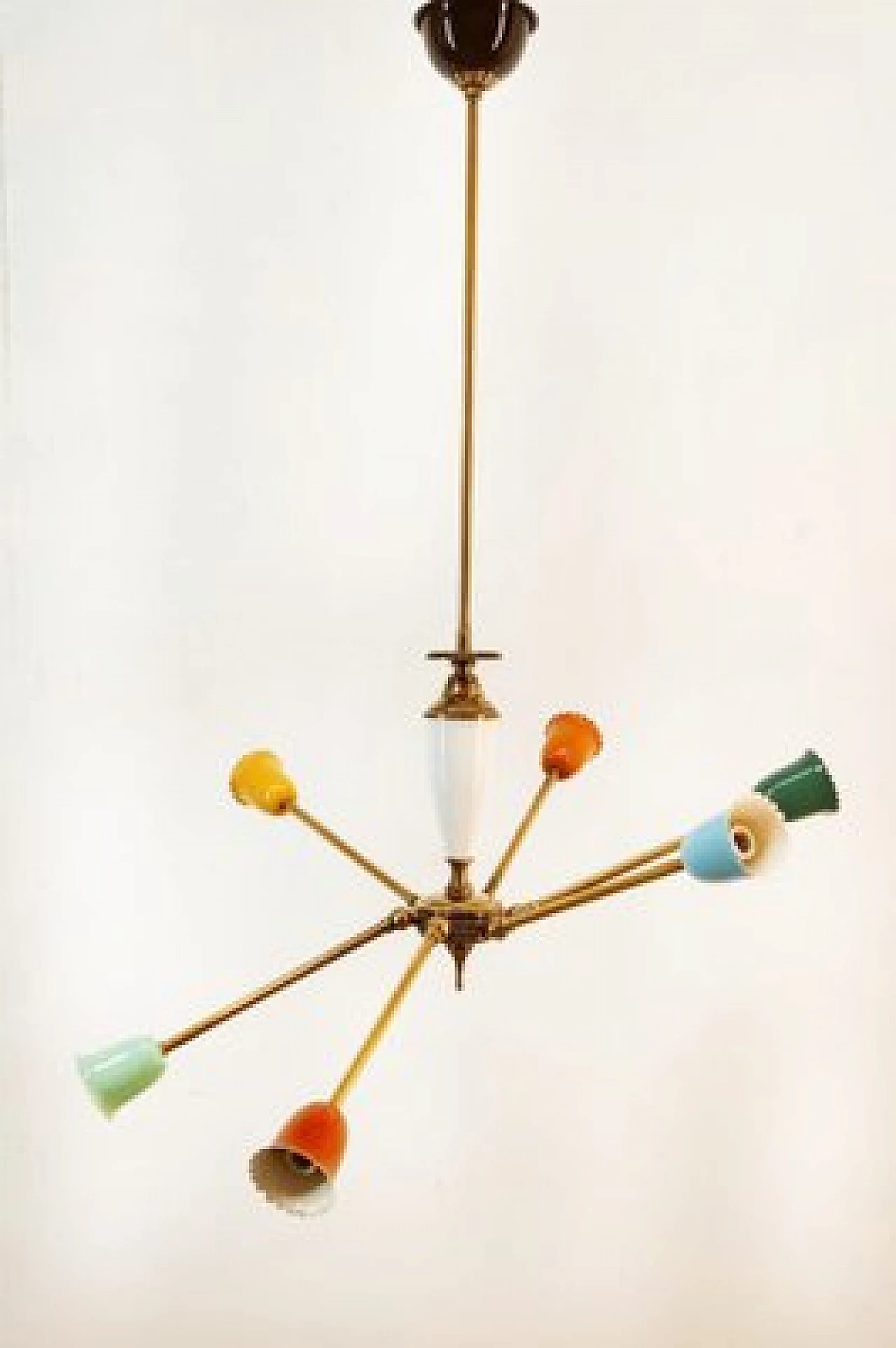 Multicolor aluminum and brass adjustable Sputnik chandelier, 1950s 3