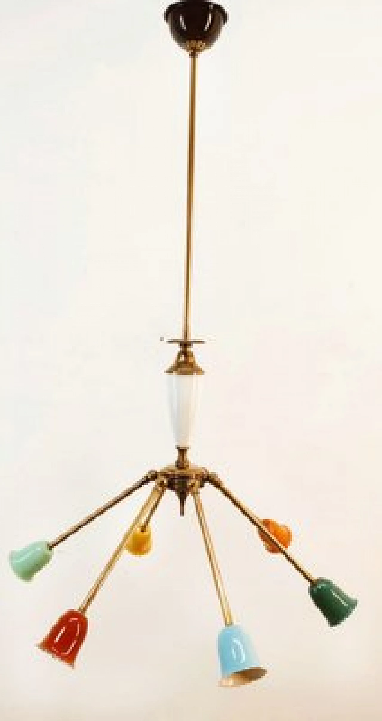 Multicolor aluminum and brass adjustable Sputnik chandelier, 1950s 6