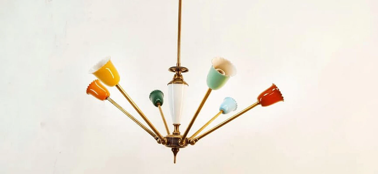 Multicolor aluminum and brass adjustable Sputnik chandelier, 1950s 7