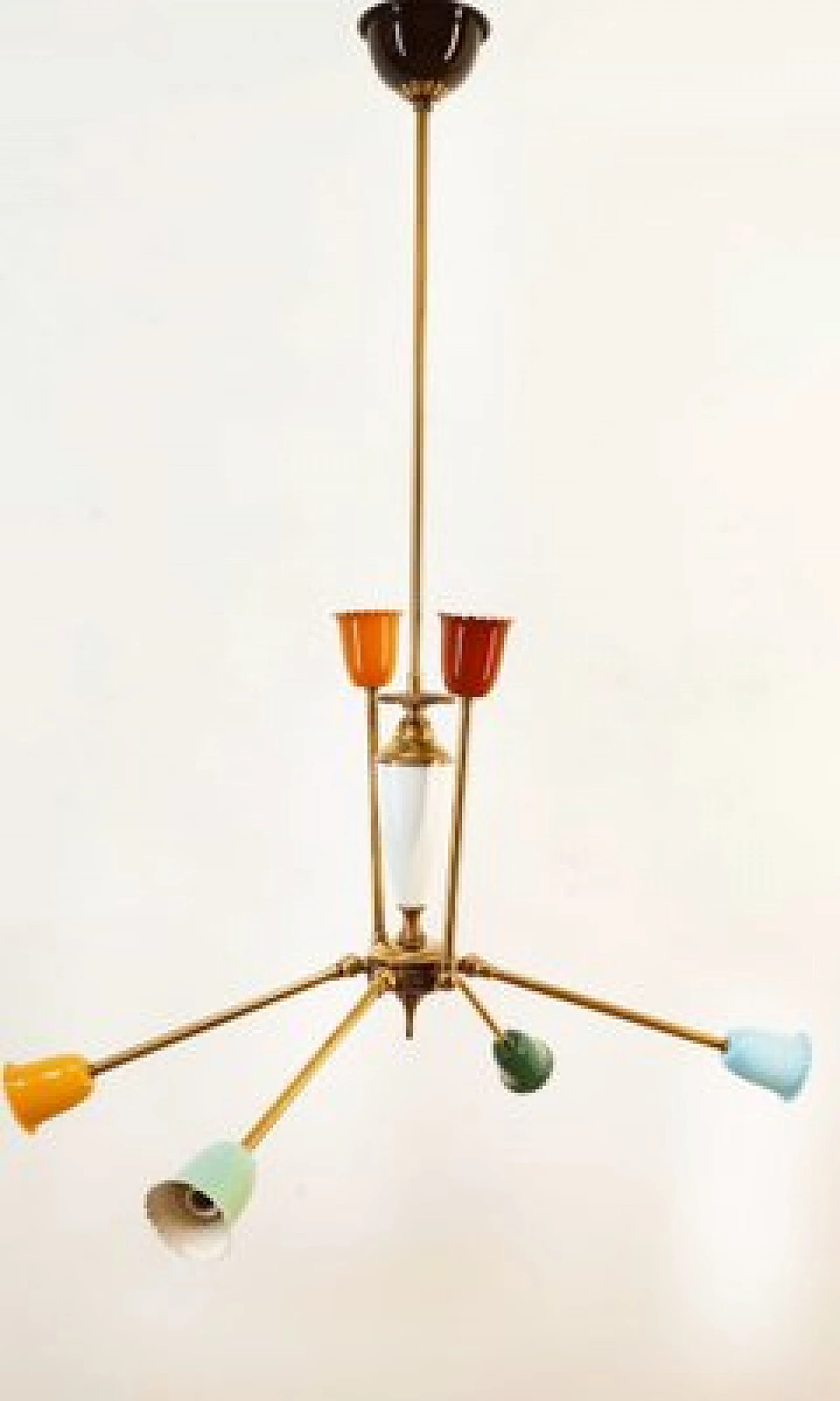 Multicolor aluminum and brass adjustable Sputnik chandelier, 1950s 8