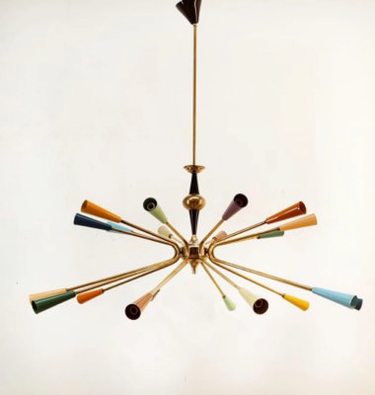 Brass and multicolored aluminum Sputnik chandelier by Stilnovo, 1960s 1