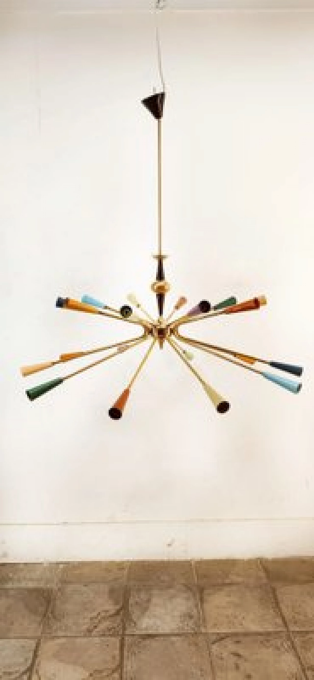 Brass and multicolored aluminum Sputnik chandelier by Stilnovo, 1960s 2