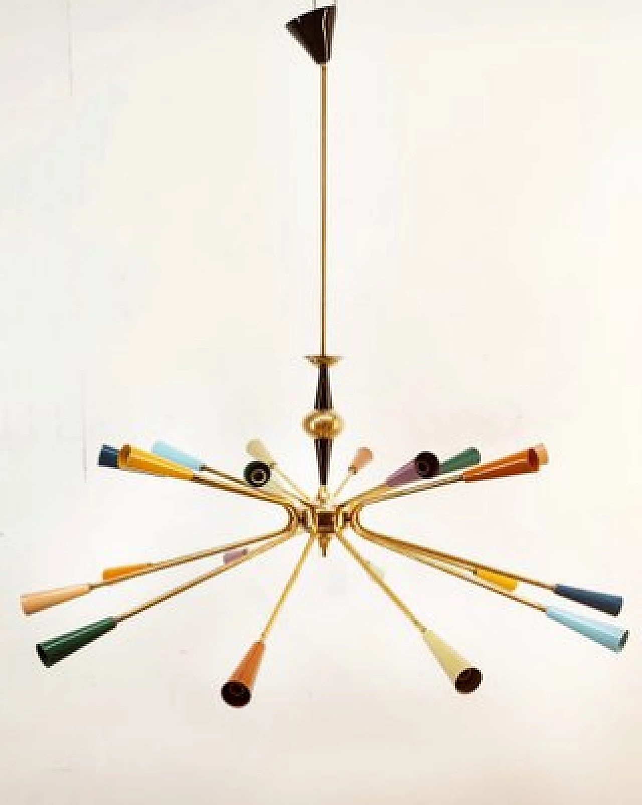 Brass and multicolored aluminum Sputnik chandelier by Stilnovo, 1960s 3
