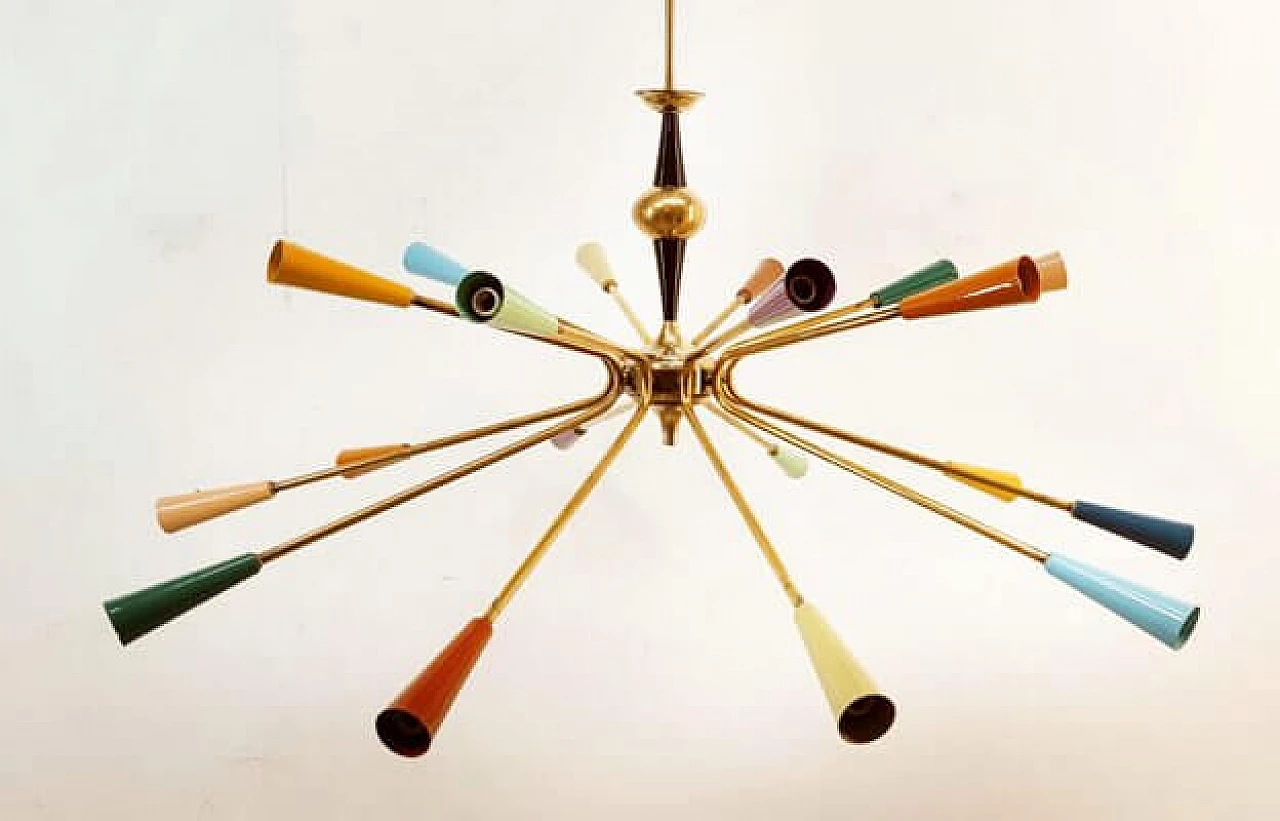 Brass and multicolored aluminum Sputnik chandelier by Stilnovo, 1960s 4