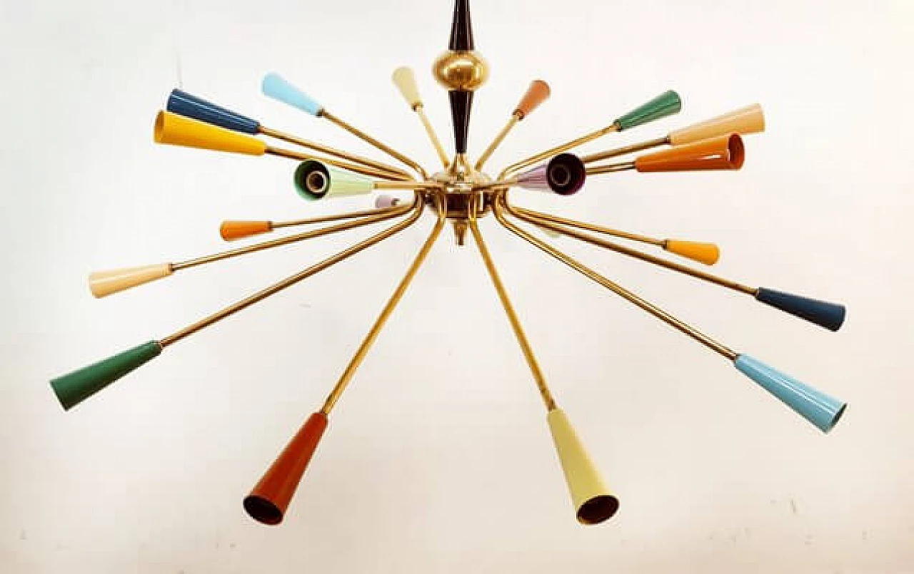Brass and multicolored aluminum Sputnik chandelier by Stilnovo, 1960s 5